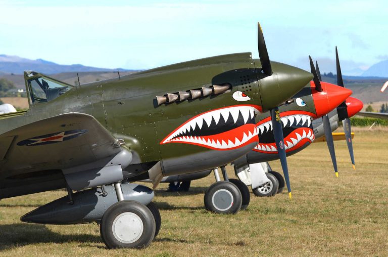 Omaka Vintage planes, Omaka Aviation Centre, Curtiss P-40 Kittyhawk aircraft Royal New Zealand air force, Marlborough, New Zealand