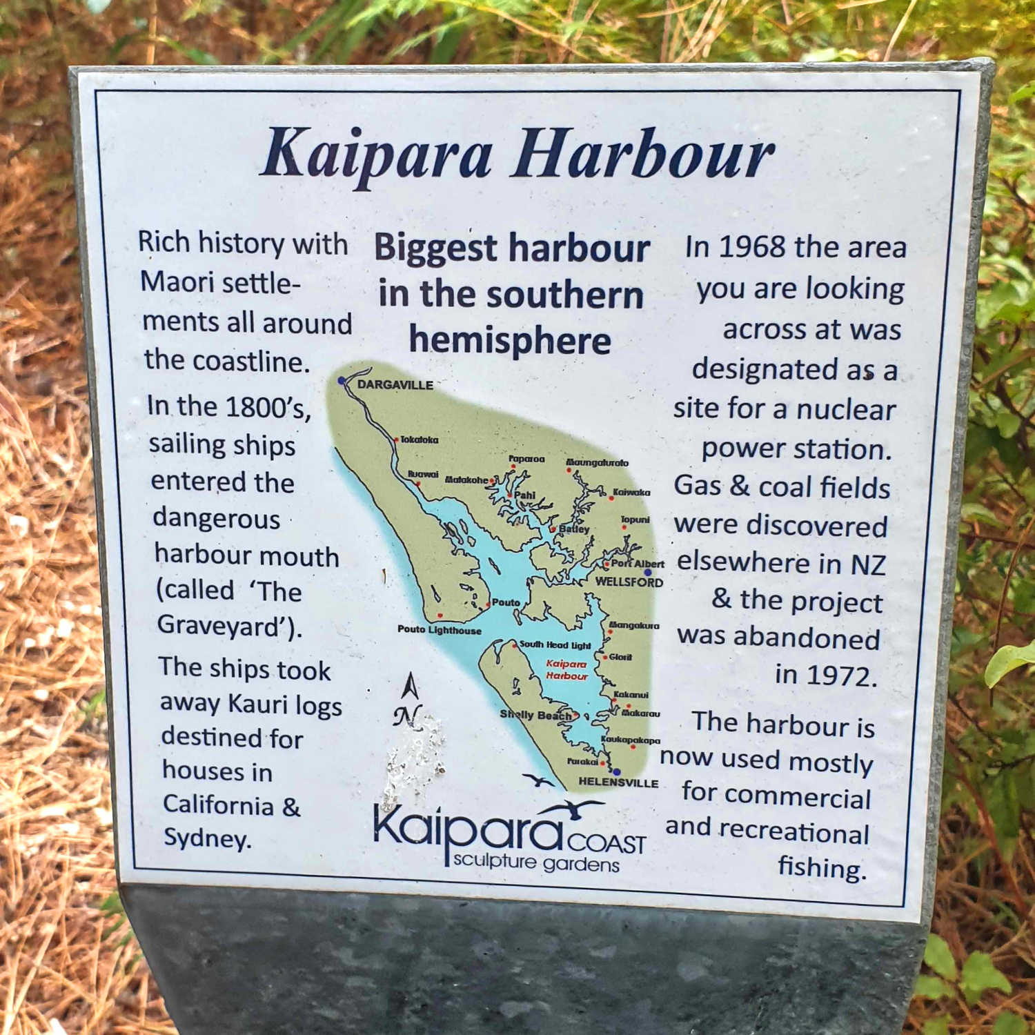 Kaipara Harbour signage Kaipara Coast Sculpture Gardens, Auckland, New Zealand