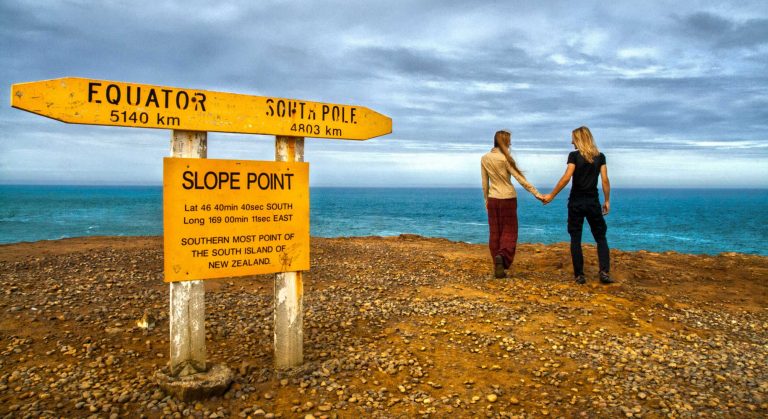 Slope point in Catlins, the southernmost point of South Island in New Zealand, travel distance informations signpost, back view couple of travellers standing on land edge towards South Pacific Ocean