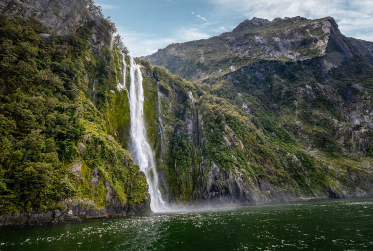 Stirling Falls cascading into Milford Sound on the South Island of New Zealand