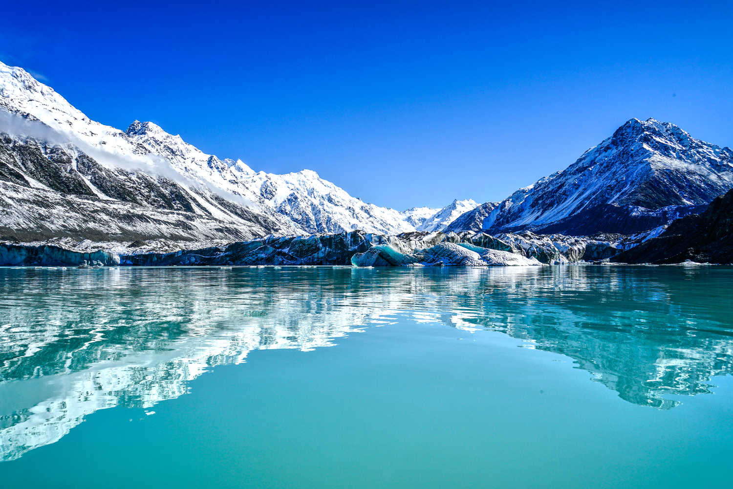 Turquoise Blue Icebergs with A Water Reflection on Tasman Glacier Terminal Lake, New Zealand