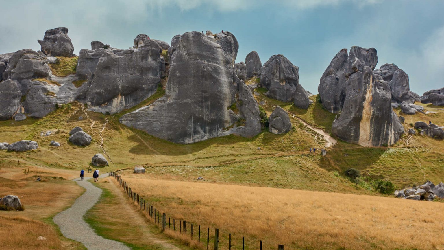Unusual giant limestone rock formations in Castle Hill, South Island New Zealand