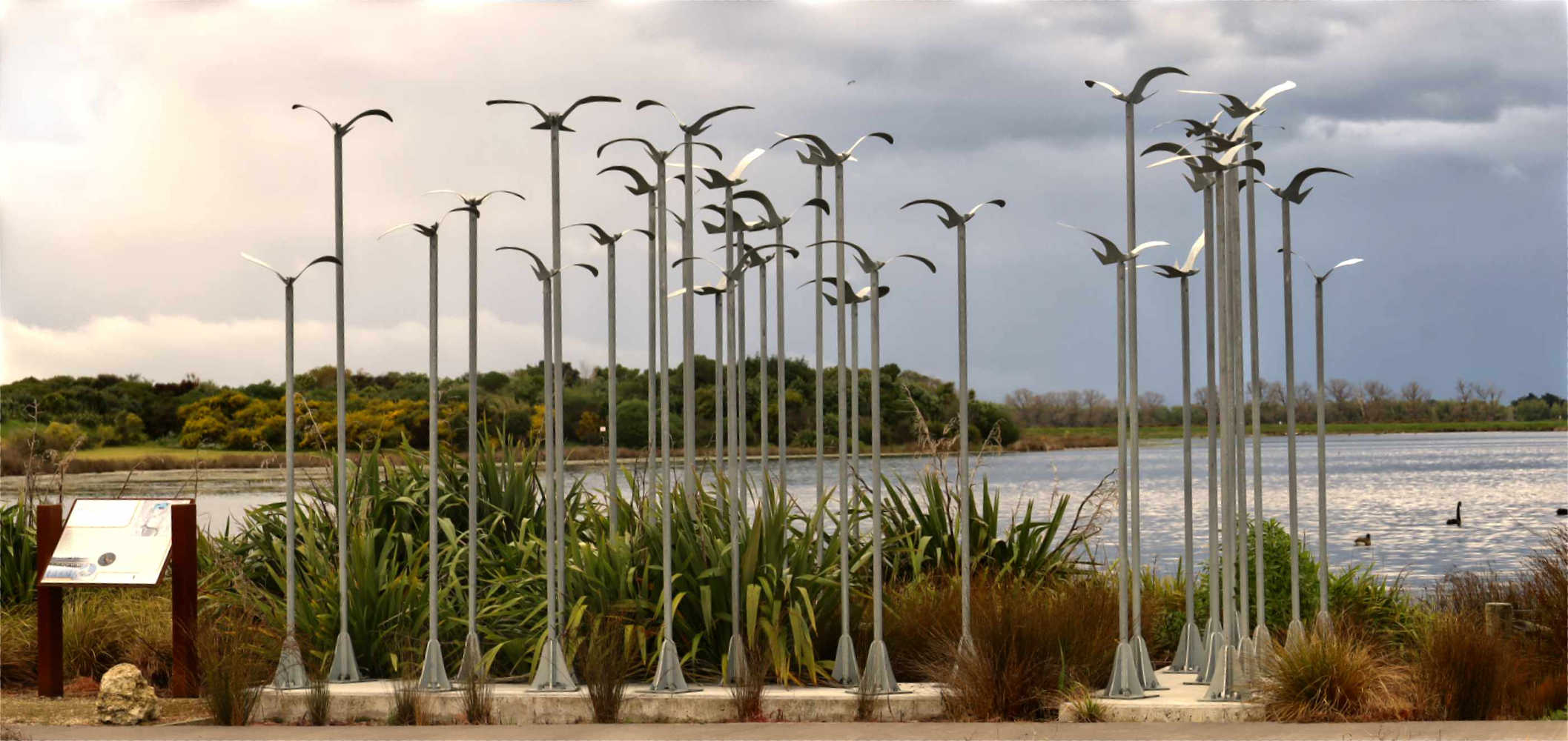 Ahuriri boardwalk flying bird sculptures, Napier, Hawke's Bay
