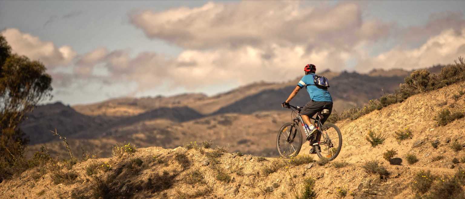 Male Mountain Biker Rides over the Brow of a Hill, Central Otago, South Island New Zealand