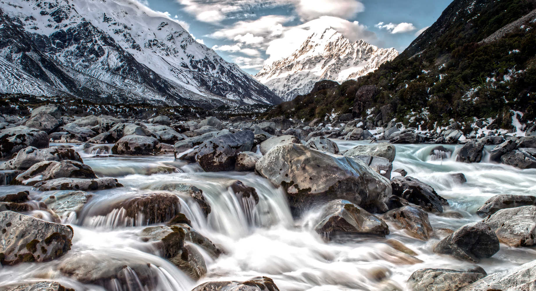 Long exposure river with Mt Cook on the background, Waikato, New Zealand