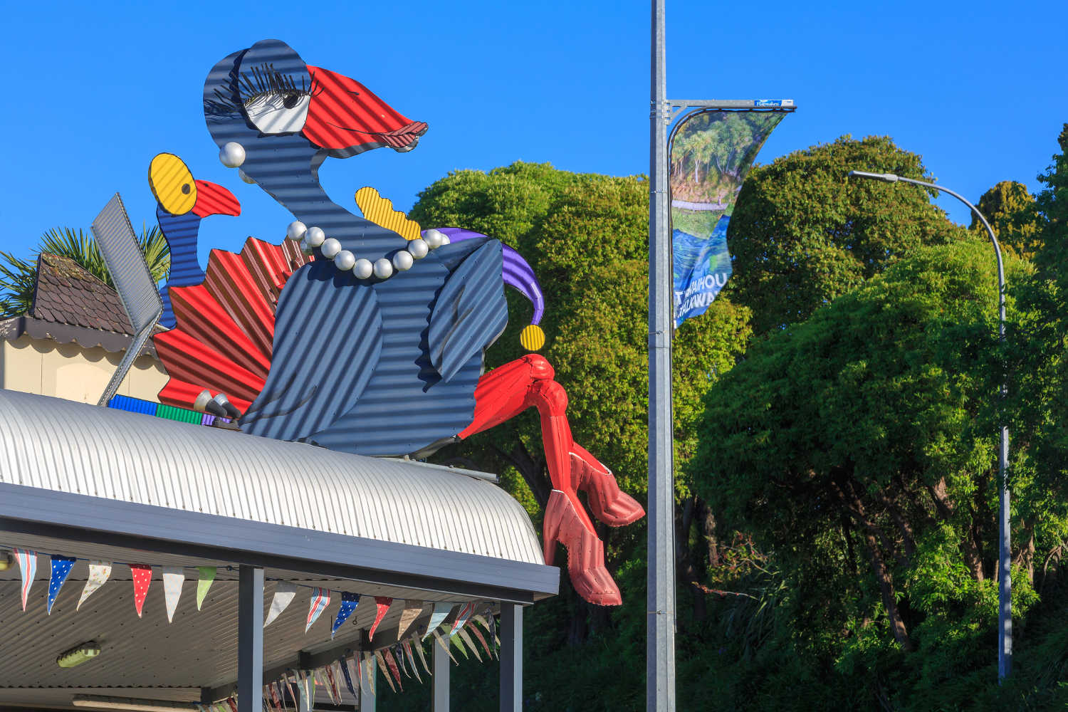 Corrugated iron pukeko sculpture in Tirau, New Zealand