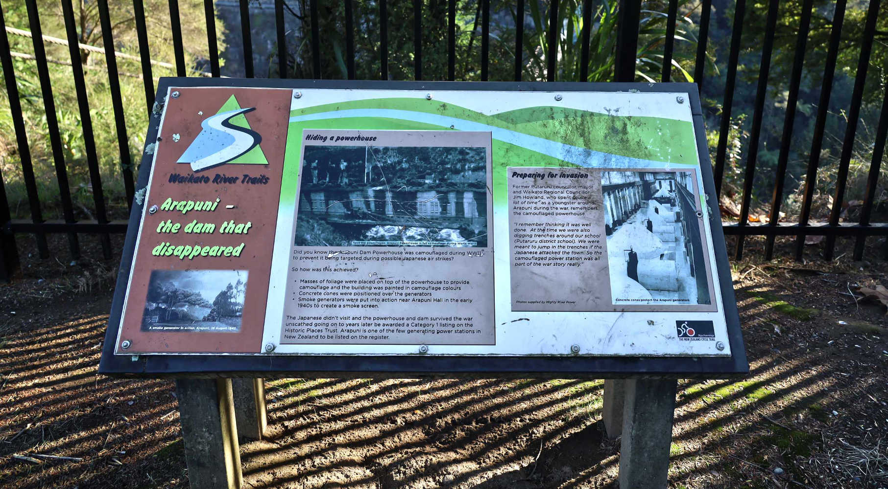 Waikato river trail, Arapuni WWII dam story, signage, Waikato, New Zealand