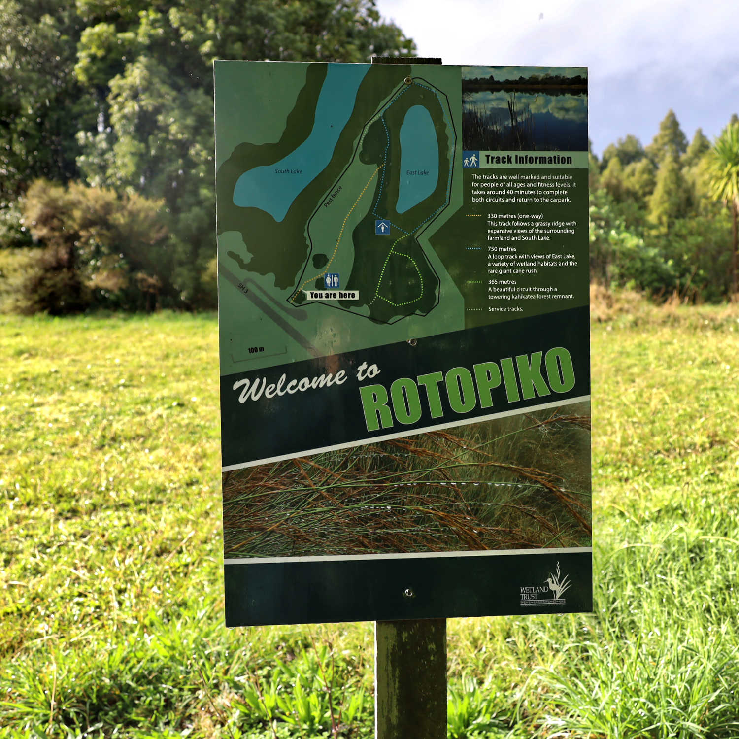 Rotopiko National Wetland Centre signage, Waikato, New Zealand