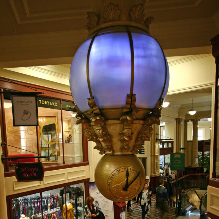 Ornate Edwardian Baroque style spherical clock in Old Shopping Bank Arcade, Wellington, New Zealand