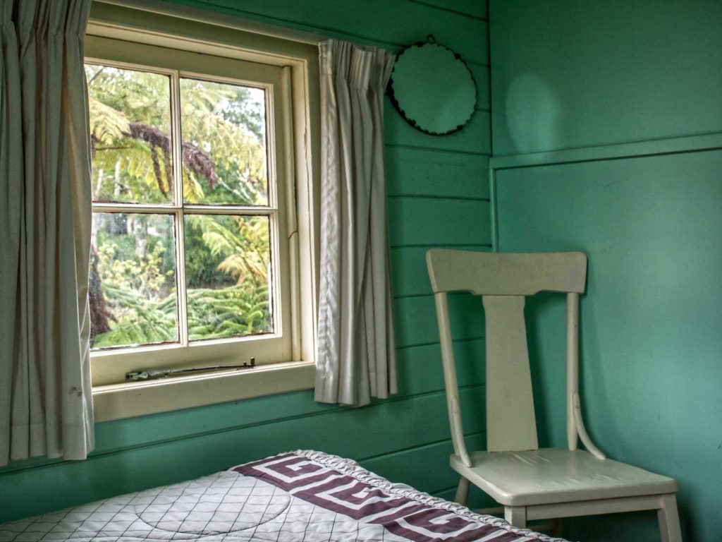 Bedroom with chair, Sisters of Compassion Convent, Jerusalem, Whanganui River, New Zealand