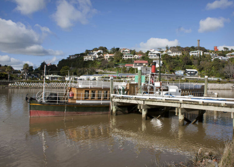 The historic Waimarie Paddle Steamer docked on the Wanganui river, New Zealand