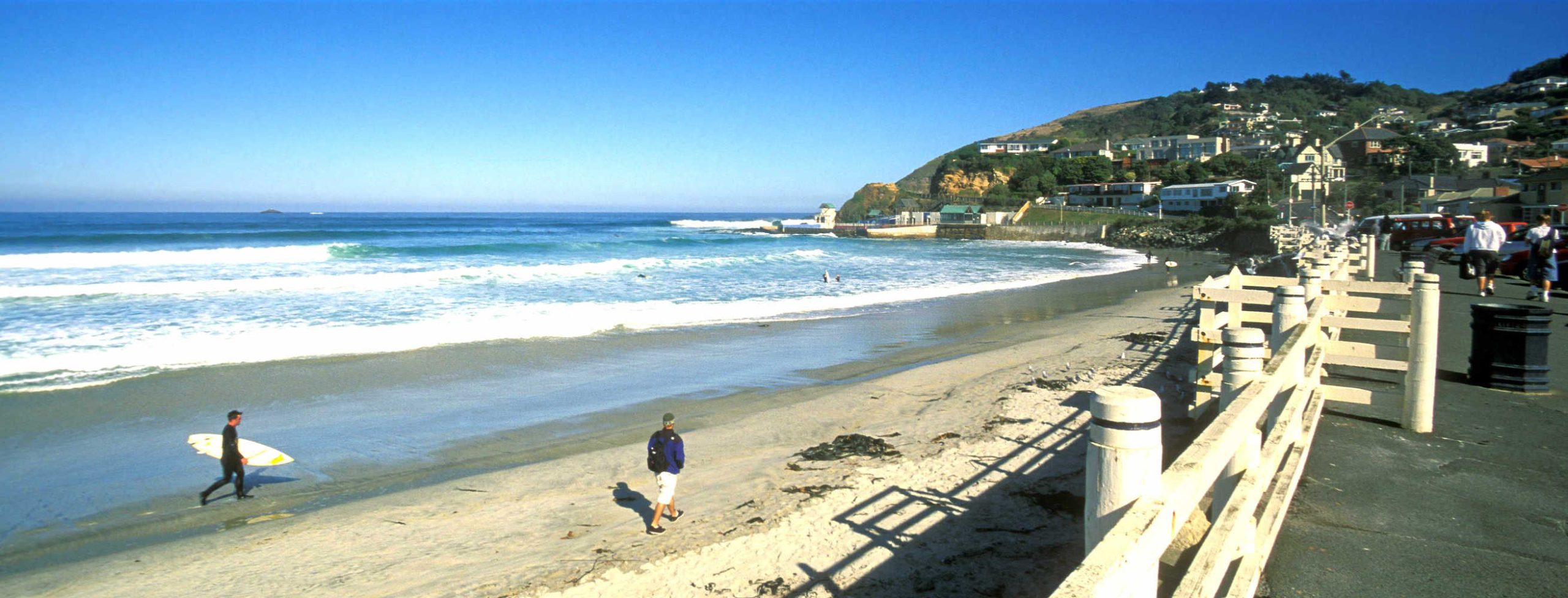 The popular surf beach and Esplanade at St Clair in the south of the Dunedin capital city of Otago South Island New Zealand