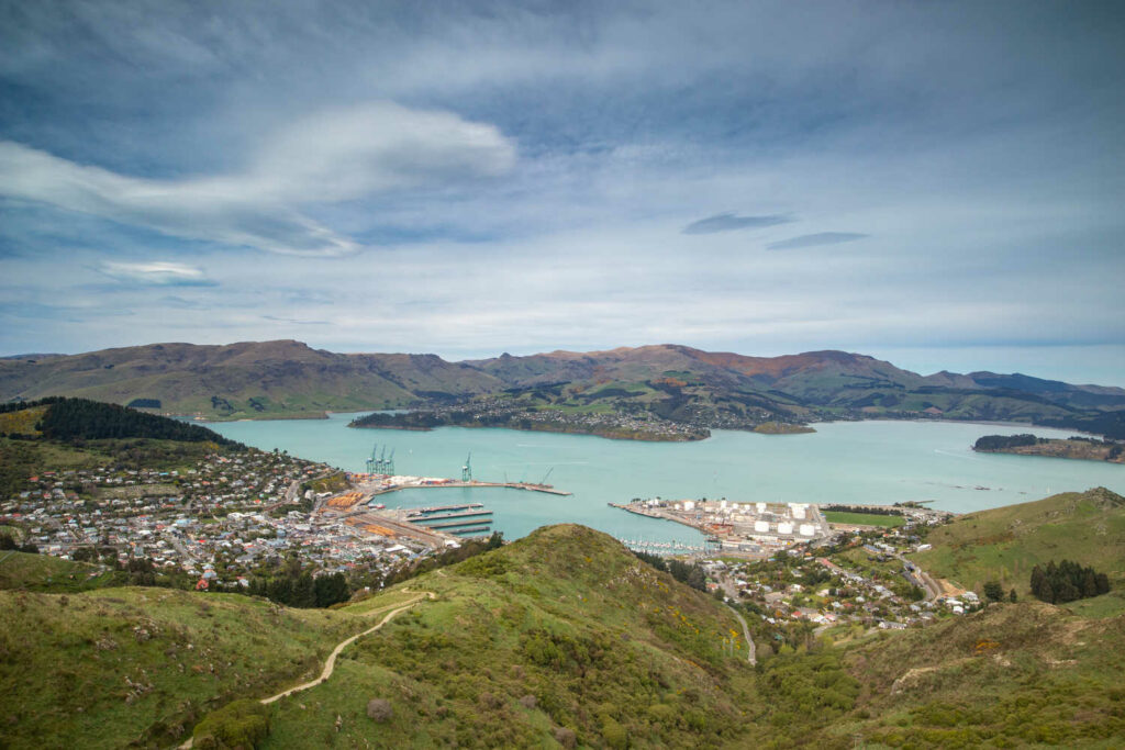 View of Lyttleton from the top of the Bridle Path on the Port Hills. View also overlooks the Banks peninsula near Christchurch in the South Island of New Zealand