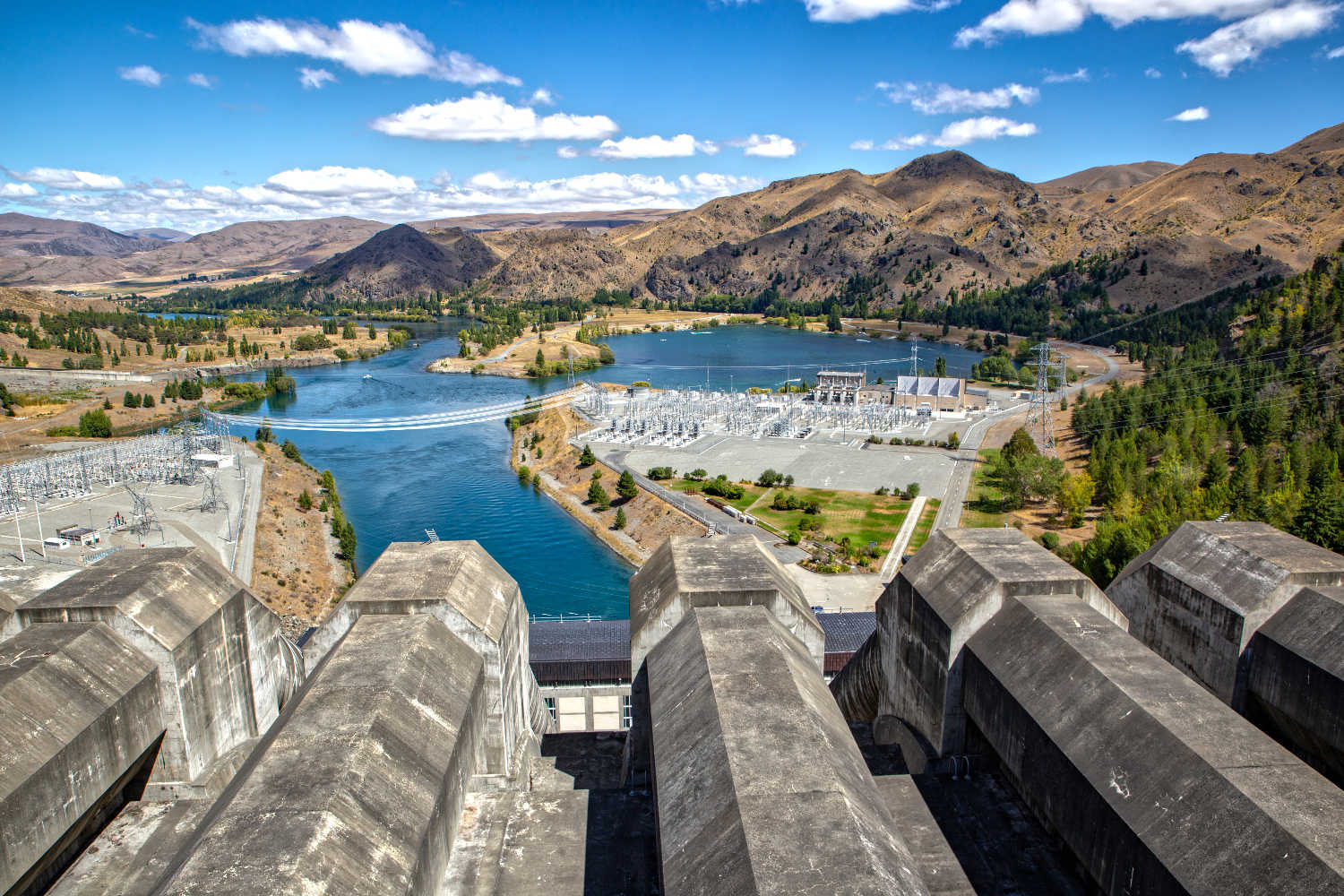The view of the concrete pipes going to the power station at Benmore Dam, Waitaki Valley, New Zealand
