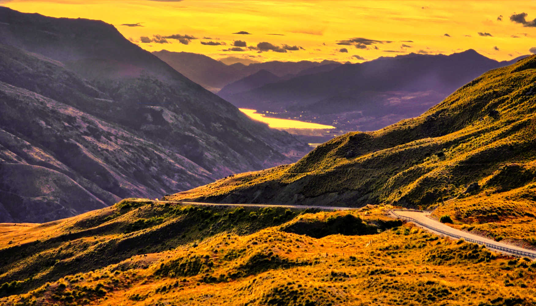 Crown Range highest highway, NZ between Arrowtown _ Wanaka, South Island sunset