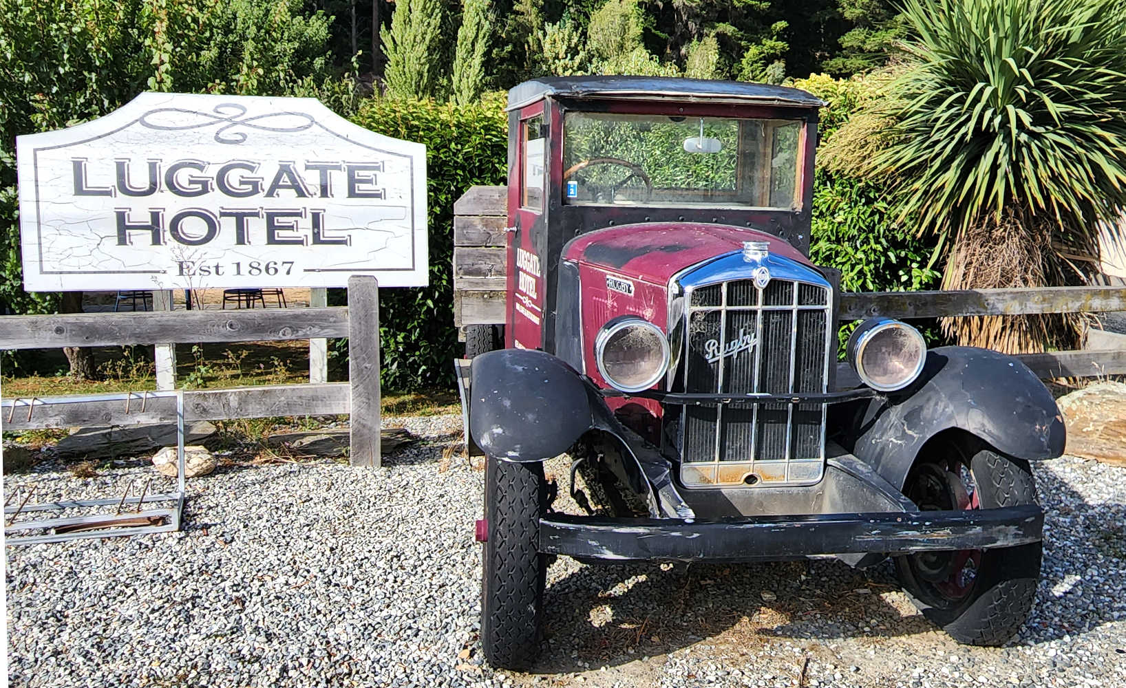 Luggate Hotel vintage vehicle selfie location hot spot, South Island, New Zealand