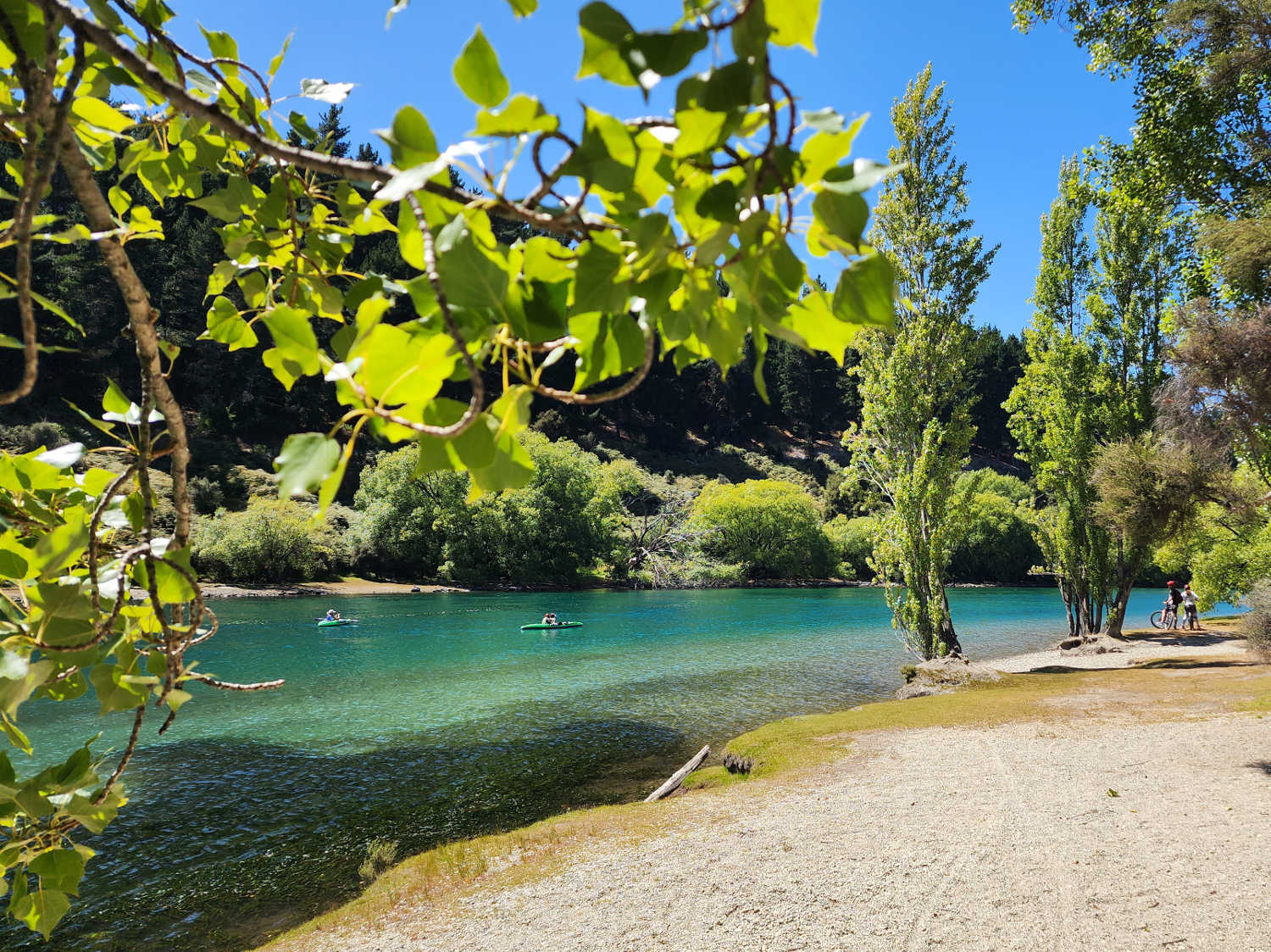 Upper Clutha River has it flows from Lake Wanaka, kayak, cycle or walk river trail, South Island, New Zealand
