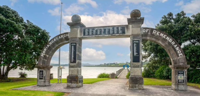 Kohukohu Arch of Remebrance for World War losses, facing Hokianga harbour, Northland NZ
