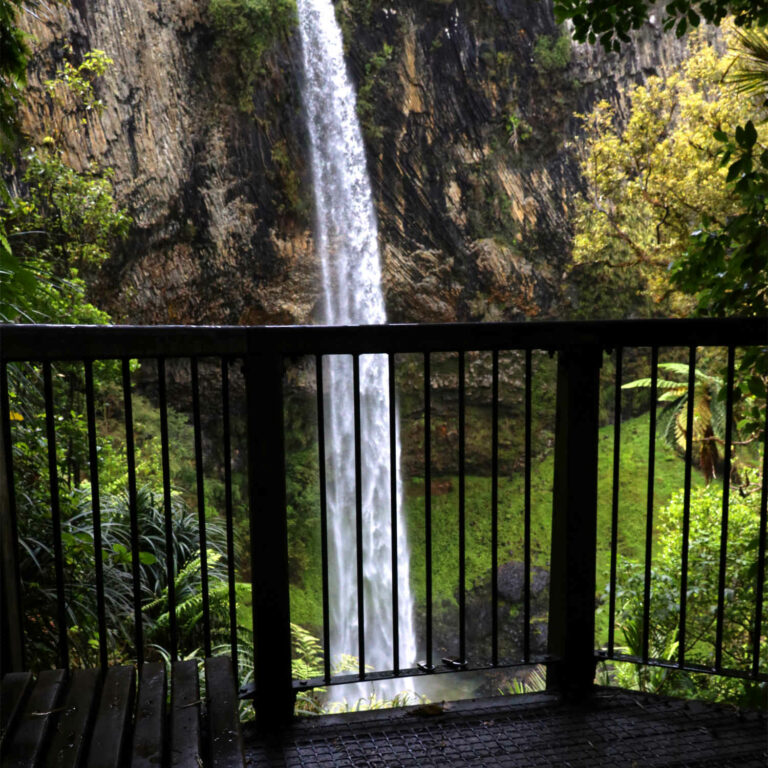 Raglan waterfall Bridal Veil Falls halfway mark for steps, NZ