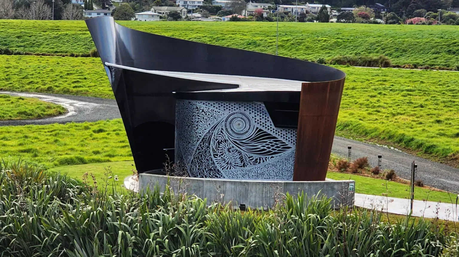 Unusual architectural art installation Camera Obscura Timatatanga hou on Whangarei river walk, Northland NZ