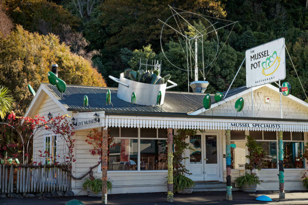 Restaurant for green-lipped mussel dishes, Havelock, Marlborough Sounds, New Zealand