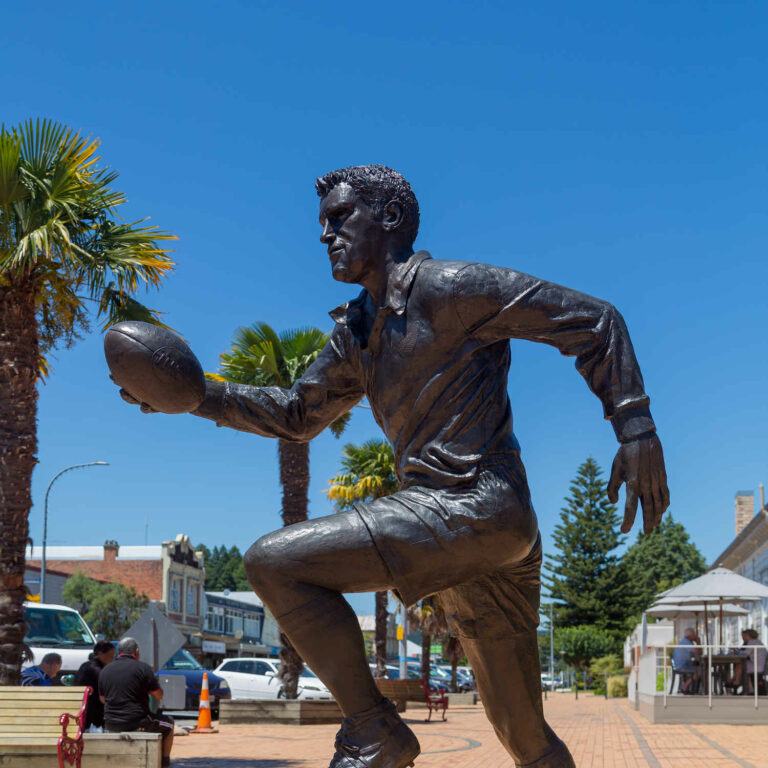Statue of rugby player Colin Meads in Te Kuiti, New Zealand